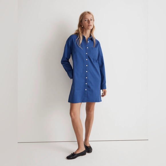 Madewell Mini Shirt Dress in (Re)generative Chino Button-Up Blue Women XS NWT - Picture 1 of 5